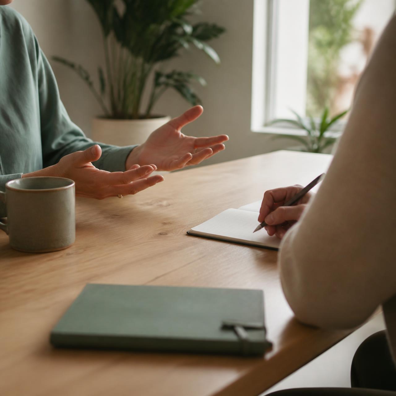 Coachgesprek met een medewerker in een lichte werkomgeving