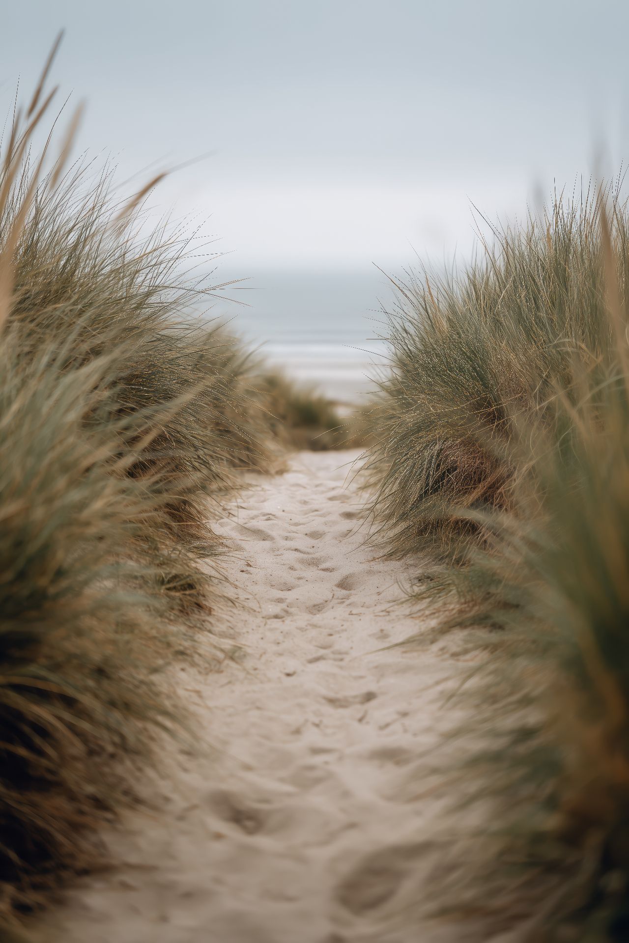 Duinpad door helmgras richting de zee